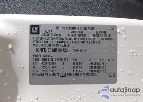 2008 Chevrolet Tahoe Ltz z USA, uszkodzony, nr VIN 1GNFC13018R181725